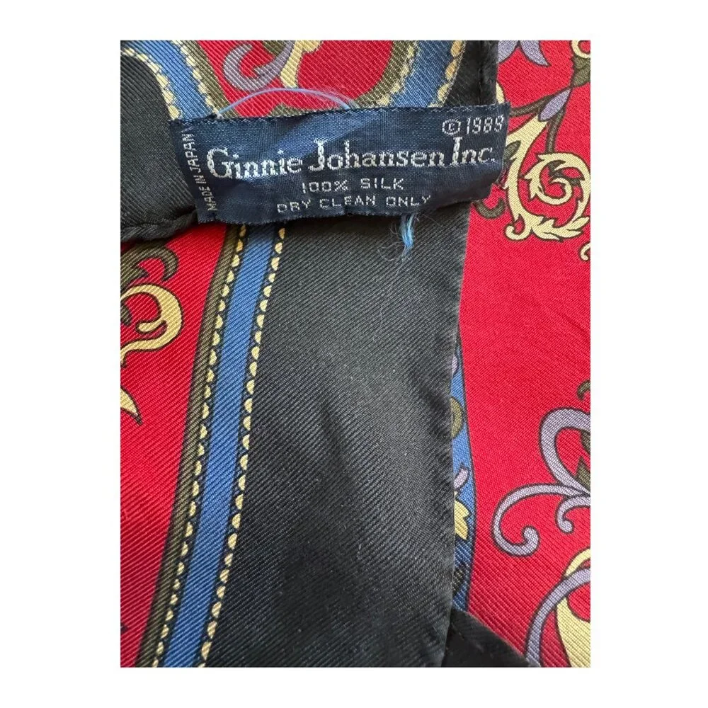 Ginnie Johansen Inc. Silk Scarf Ornate Baroque Print Red Navy Blue Vintage 1988 - Picture 2 of 2
